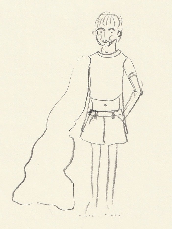 Zeichnung einer Figur mit einem viel zu langen Ärmel und einem bauchfreien Shirt