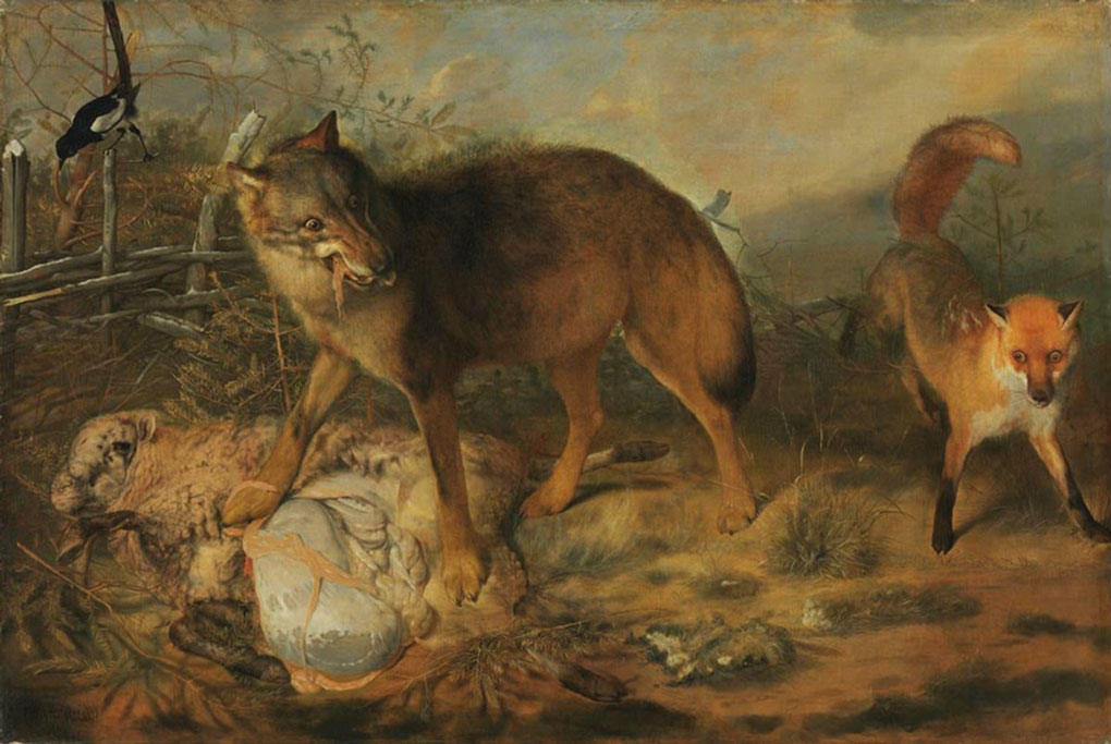 Gemälde auf dem ein Wolf ein Lamm reisst.